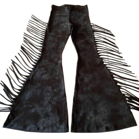 SHORT LENGTH High Waisted Fringe Bell Bottoms BLACK & GREY TIE DYE Rocker Style - Picture 5 of 7